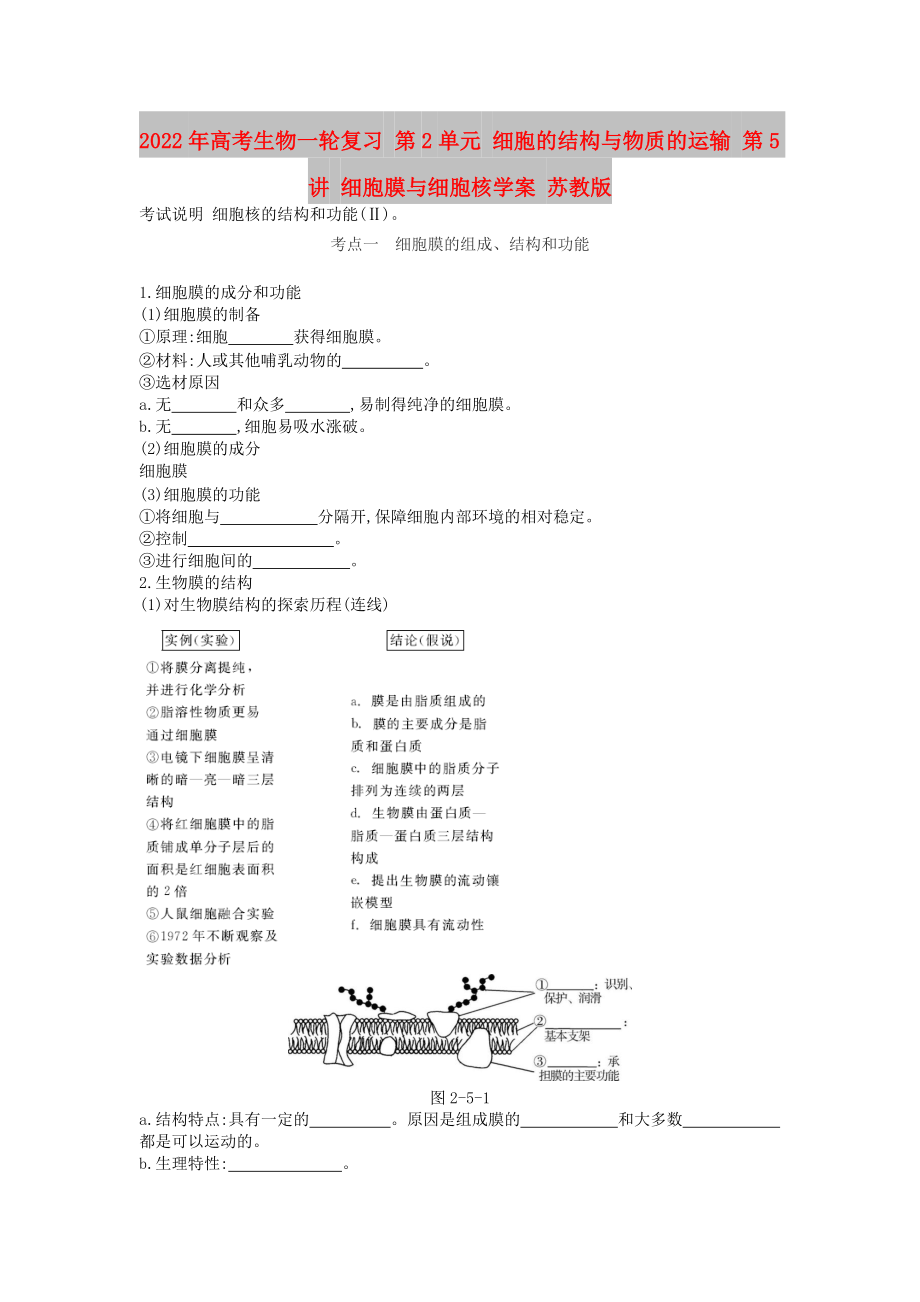 2022年高考生物一輪復(fù)習(xí) 第2單元 細(xì)胞的結(jié)構(gòu)與物質(zhì)的運(yùn)輸 第5講 細(xì)胞膜與細(xì)胞核學(xué)案 蘇教版_第1頁(yè)