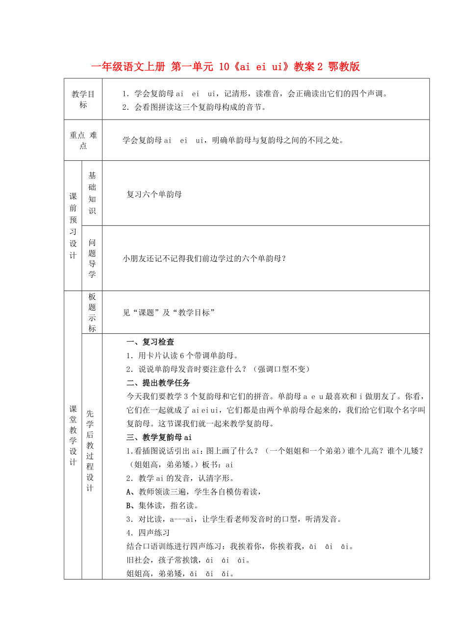 一年級(jí)語(yǔ)文上冊(cè) 第一單元 10《ai ei ui》教案2 鄂教版_第1頁(yè)