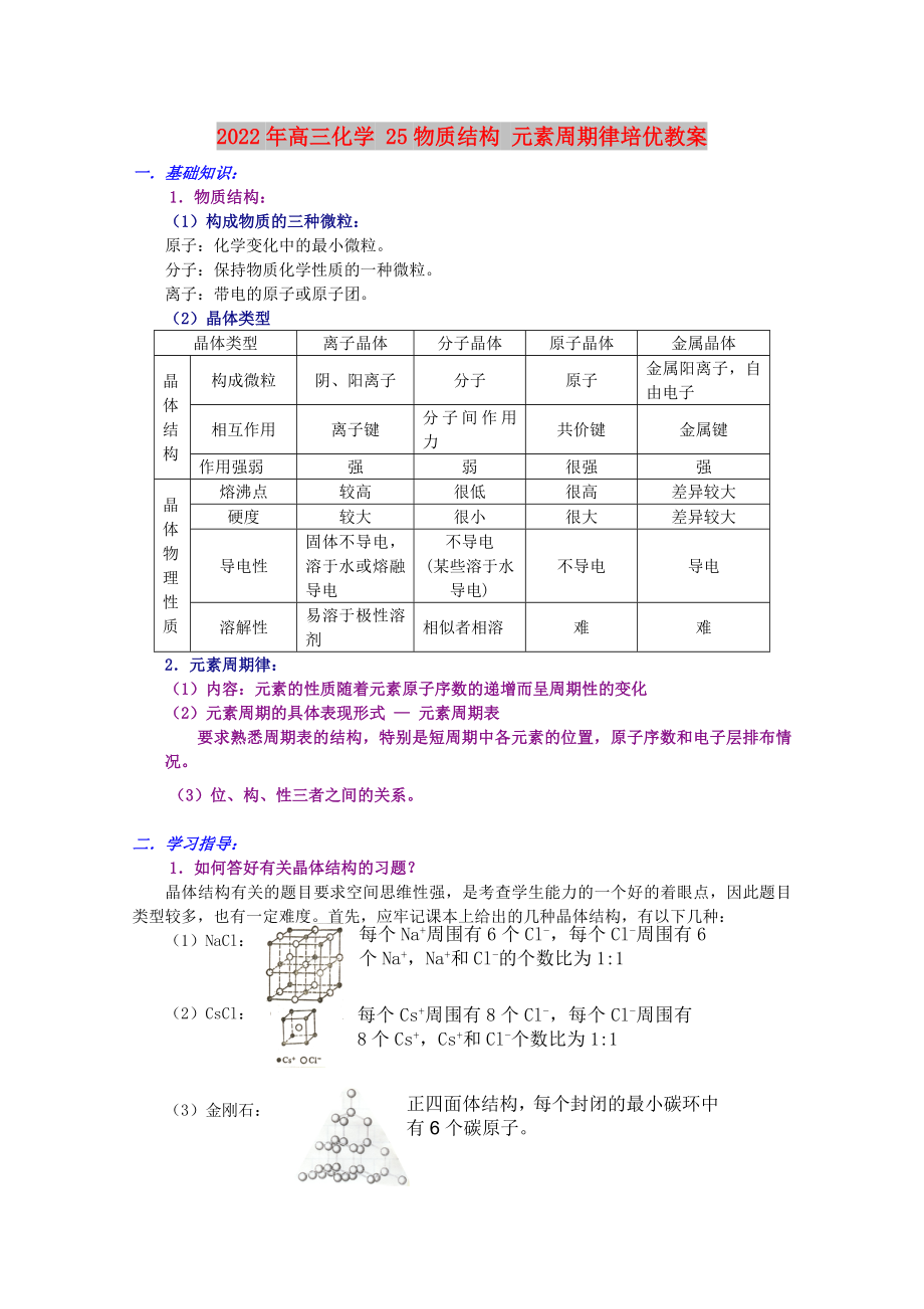 2022年高三化學(xué) 25物質(zhì)結(jié)構(gòu) 元素周期律培優(yōu)教案_第1頁