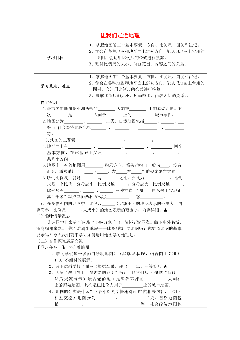 2020七年級(jí)地理上冊(cè) 第一章 讓我們走近地理導(dǎo)學(xué)案（無(wú)答案） 湘教版_第1頁(yè)