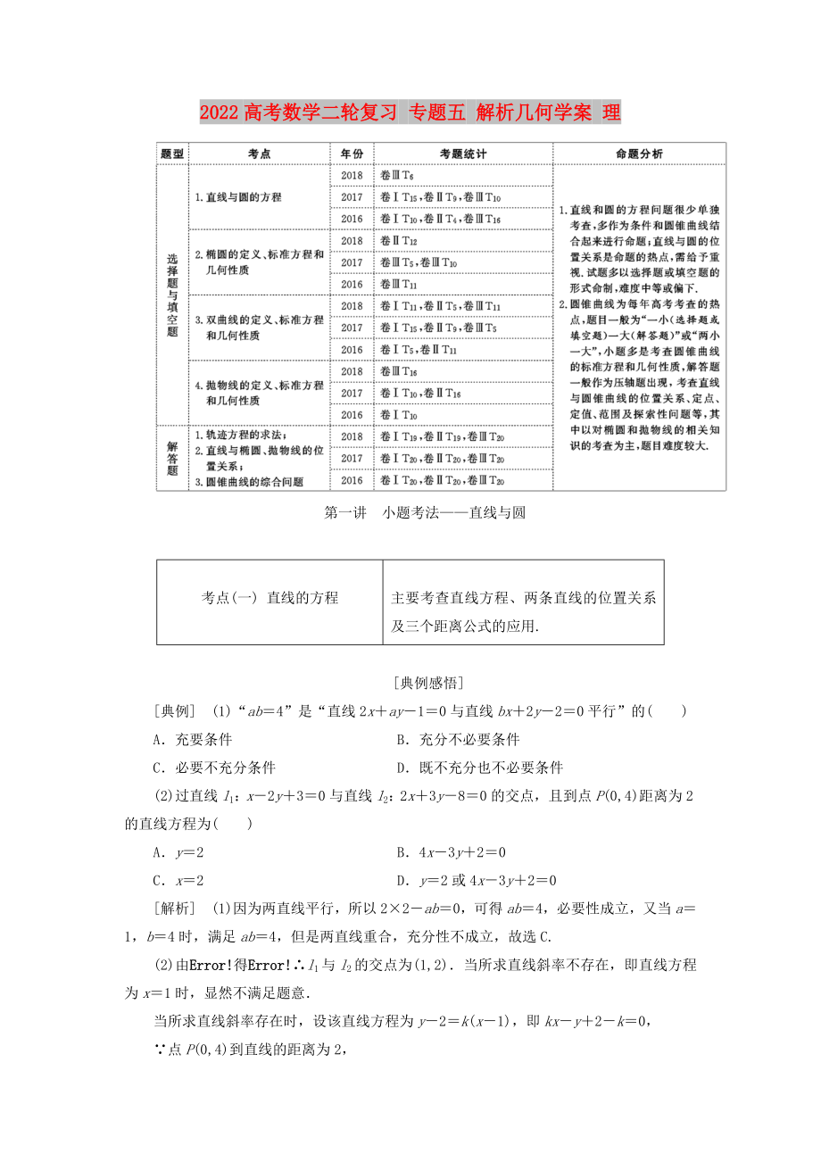 2022高考數(shù)學(xué)二輪復(fù)習(xí) 專題五 解析幾何學(xué)案 理_第1頁