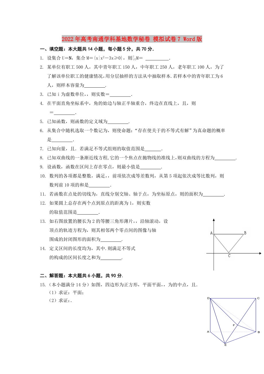 2022年高考南通學(xué)科基地?cái)?shù)學(xué)秘卷 模擬試卷7 Word版_第1頁