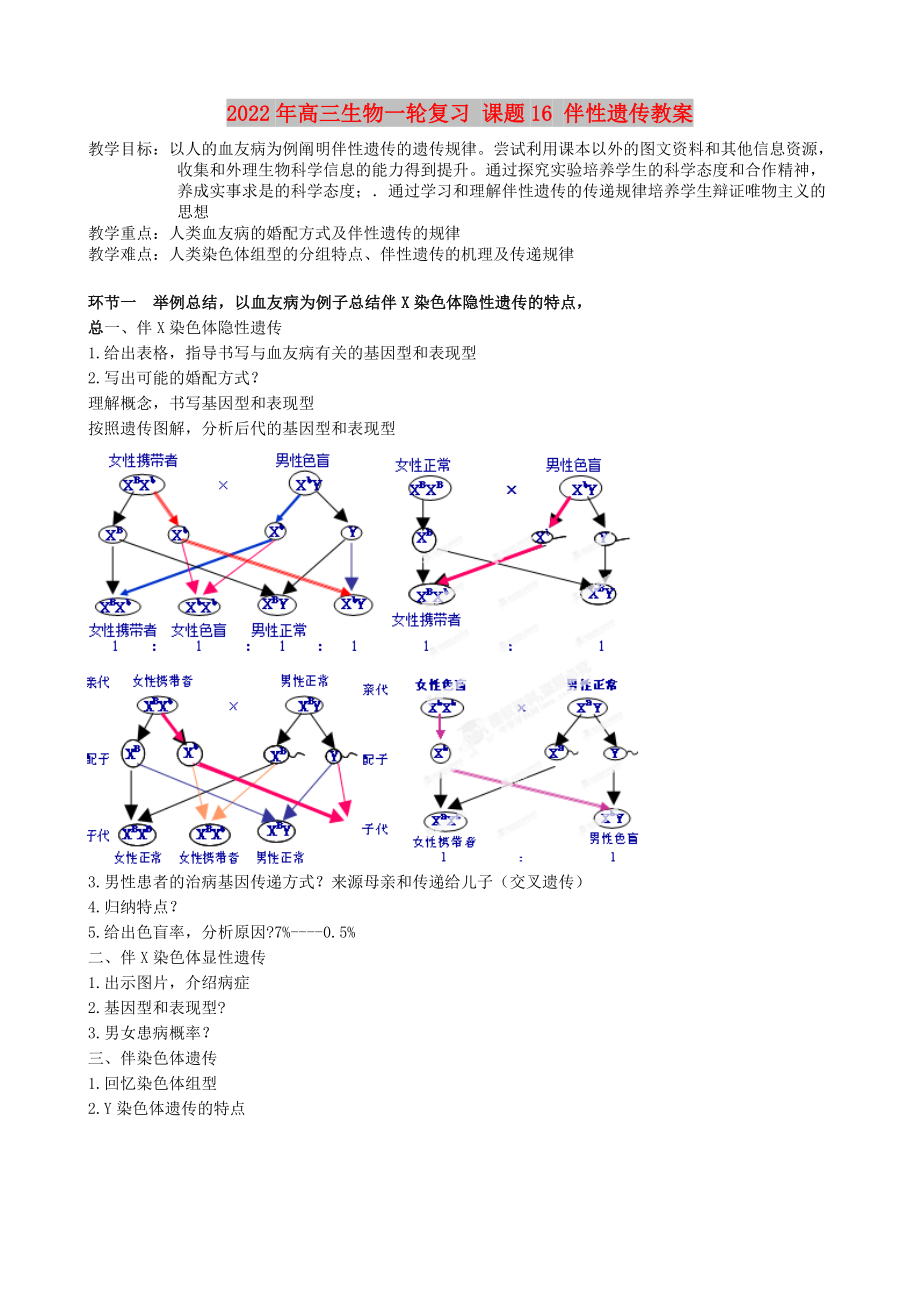 2022年高三生物一輪復(fù)習(xí) 課題16 伴性遺傳教案_第1頁