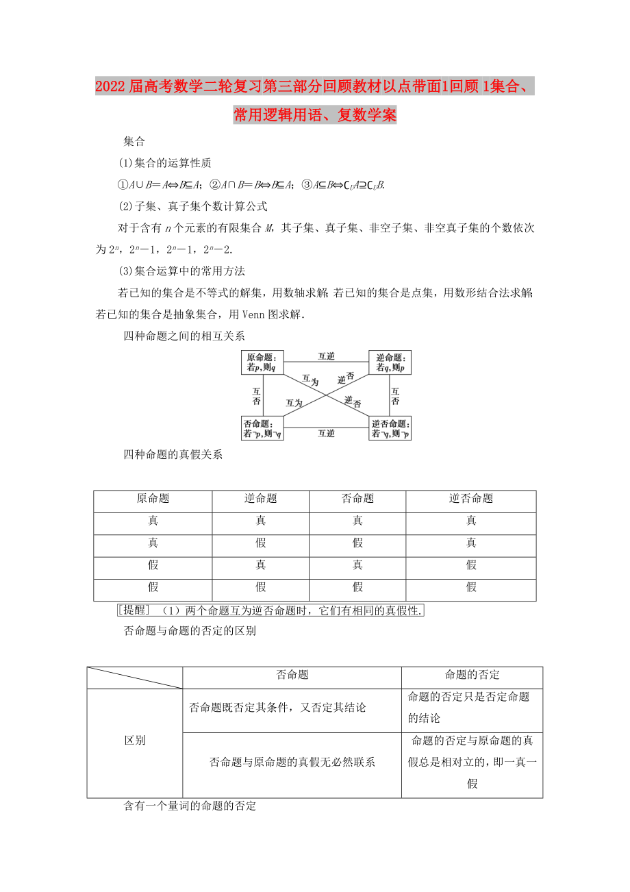 2022屆高考數(shù)學二輪復習 第三部分 回顧教材 以點帶面 1 回顧1 集合、常用邏輯用語、復數(shù)學案_第1頁