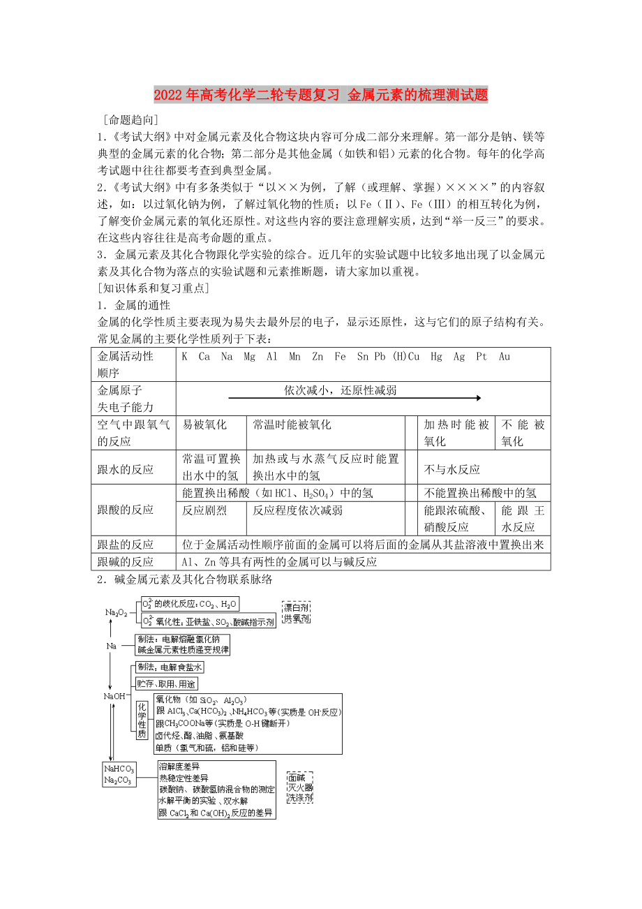 2022年高考化學二輪專題復習 金屬元素的梳理測試題_第1頁