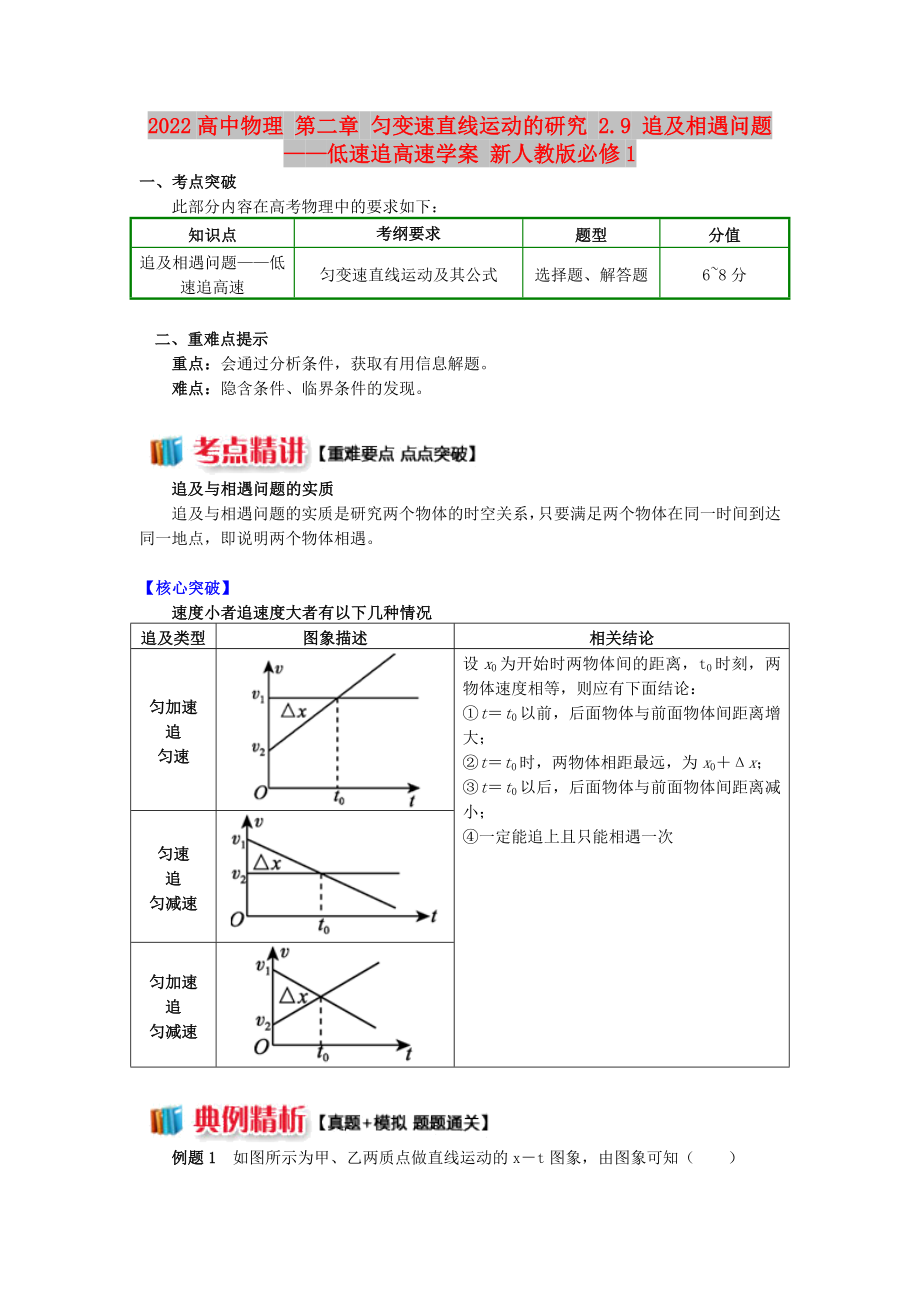 2022高中物理 第二章 勻變速直線運動的研究 2.9 追及相遇問題——低速追高速學案 新人教版必修1_第1頁