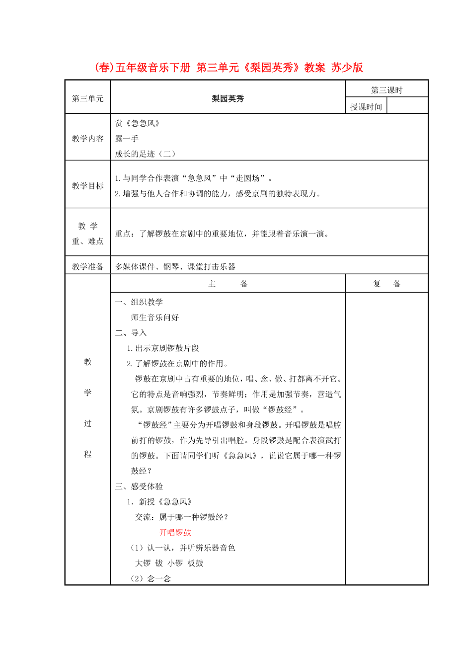 (春)五年級音樂下冊 第三單元《梨園英秀》教案 蘇少版_第1頁