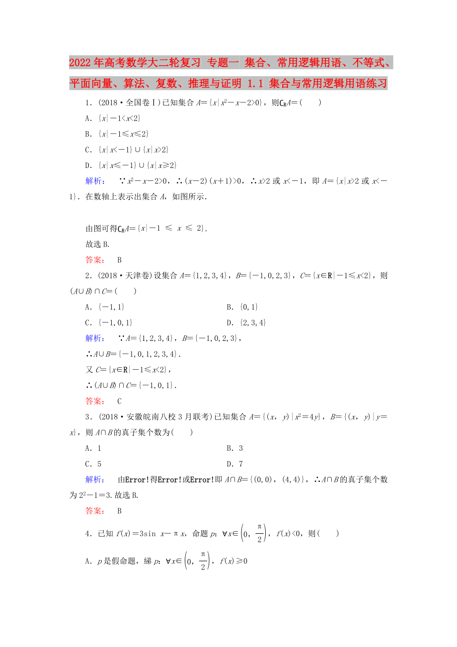 2022年高考數(shù)學(xué)大二輪復(fù)習(xí) 專題一 集合、常用邏輯用語、不等式、平面向量、算法、復(fù)數(shù)、推理與證明 1.1 集合與常用邏輯用語練習(xí)_第1頁(yè)