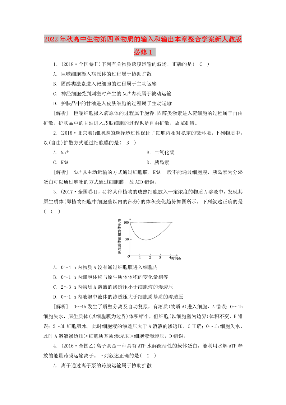 2022年秋高中生物第四章物质的输入和输出本章整合学案新人教版必修1_第1页