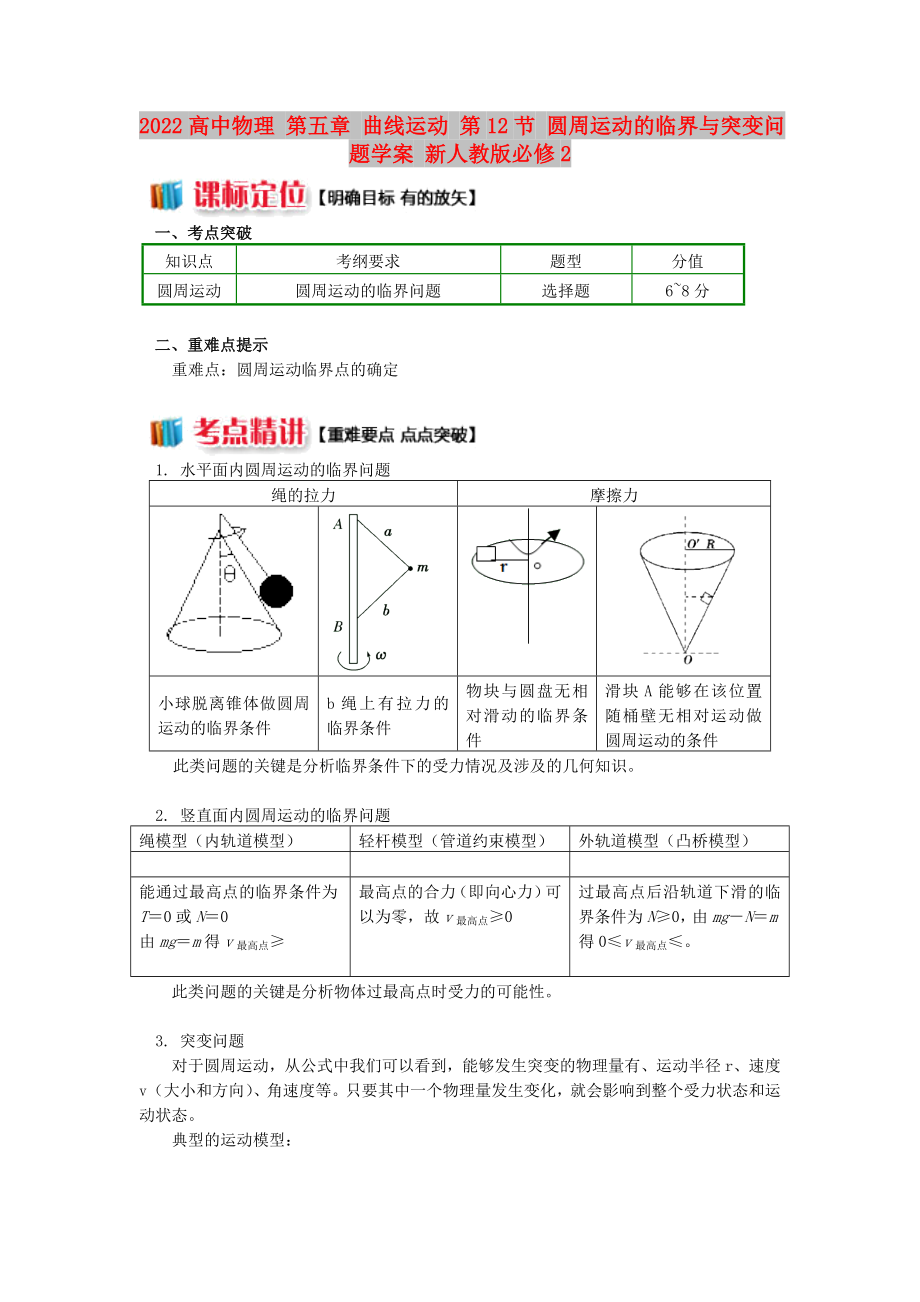 2022高中物理 第五章 曲线运动 第12节 圆周运动的临界与突变问题学案 新人教版必修2_第1页