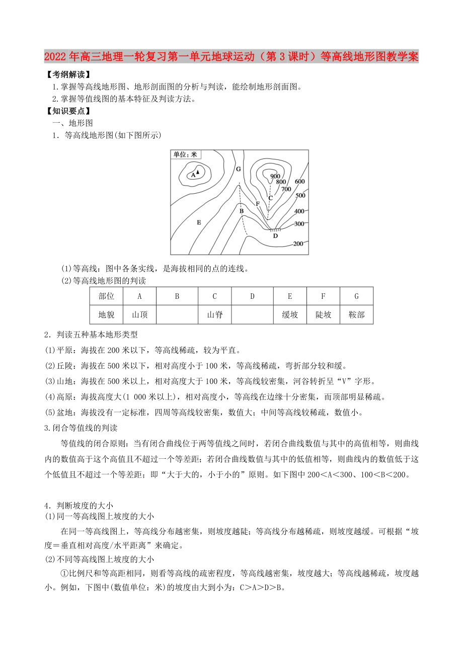 2022年高三地理一輪復(fù)習(xí) 第一單元 地球運(yùn)動（第3課時）等高線地形圖教學(xué)案_第1頁