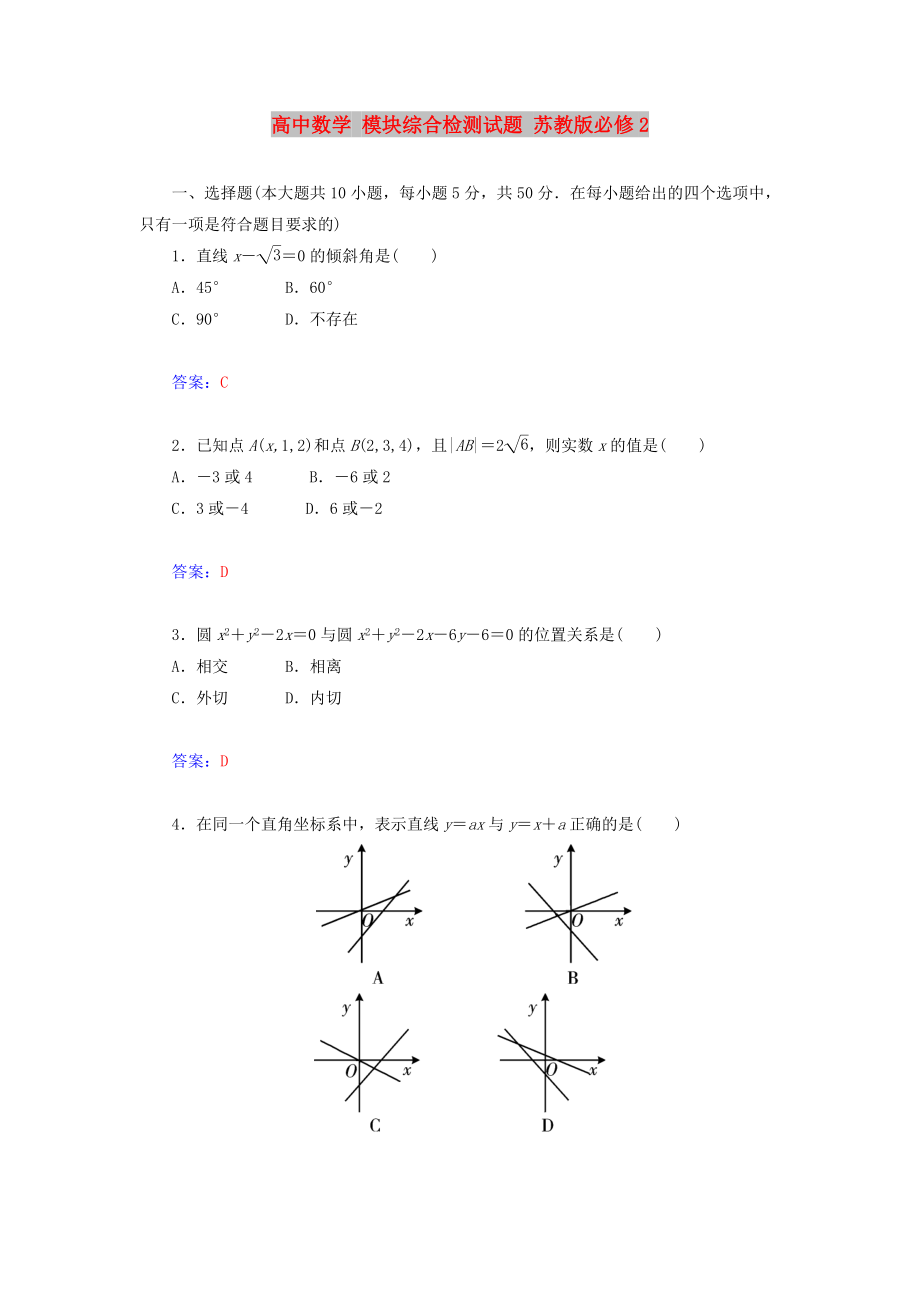 高中數(shù)學(xué) 模塊綜合檢測(cè)試題 蘇教版必修2_第1頁(yè)