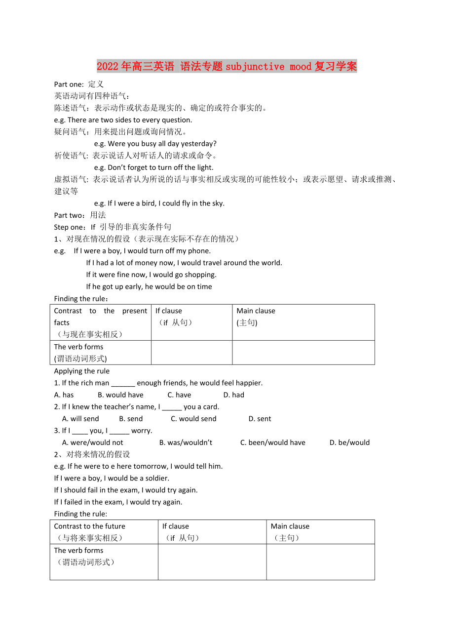 2022年高三英語 語法專題subjunctive mood復(fù)習(xí)學(xué)案_第1頁