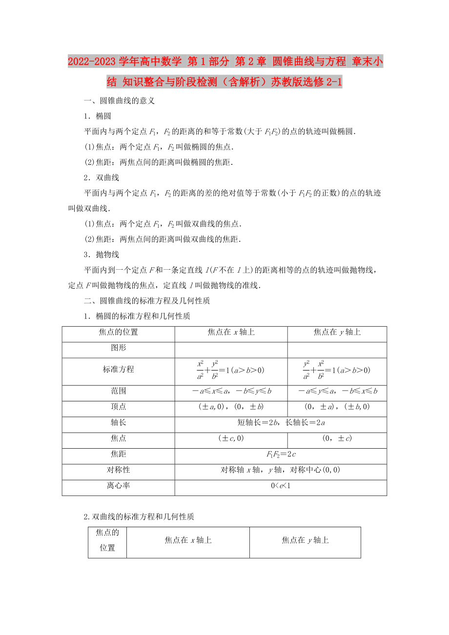 2022-2023學(xué)年高中數(shù)學(xué) 第1部分 第2章 圓錐曲線與方程 章末小結(jié) 知識整合與階段檢測（含解析）蘇教版選修2-1_第1頁