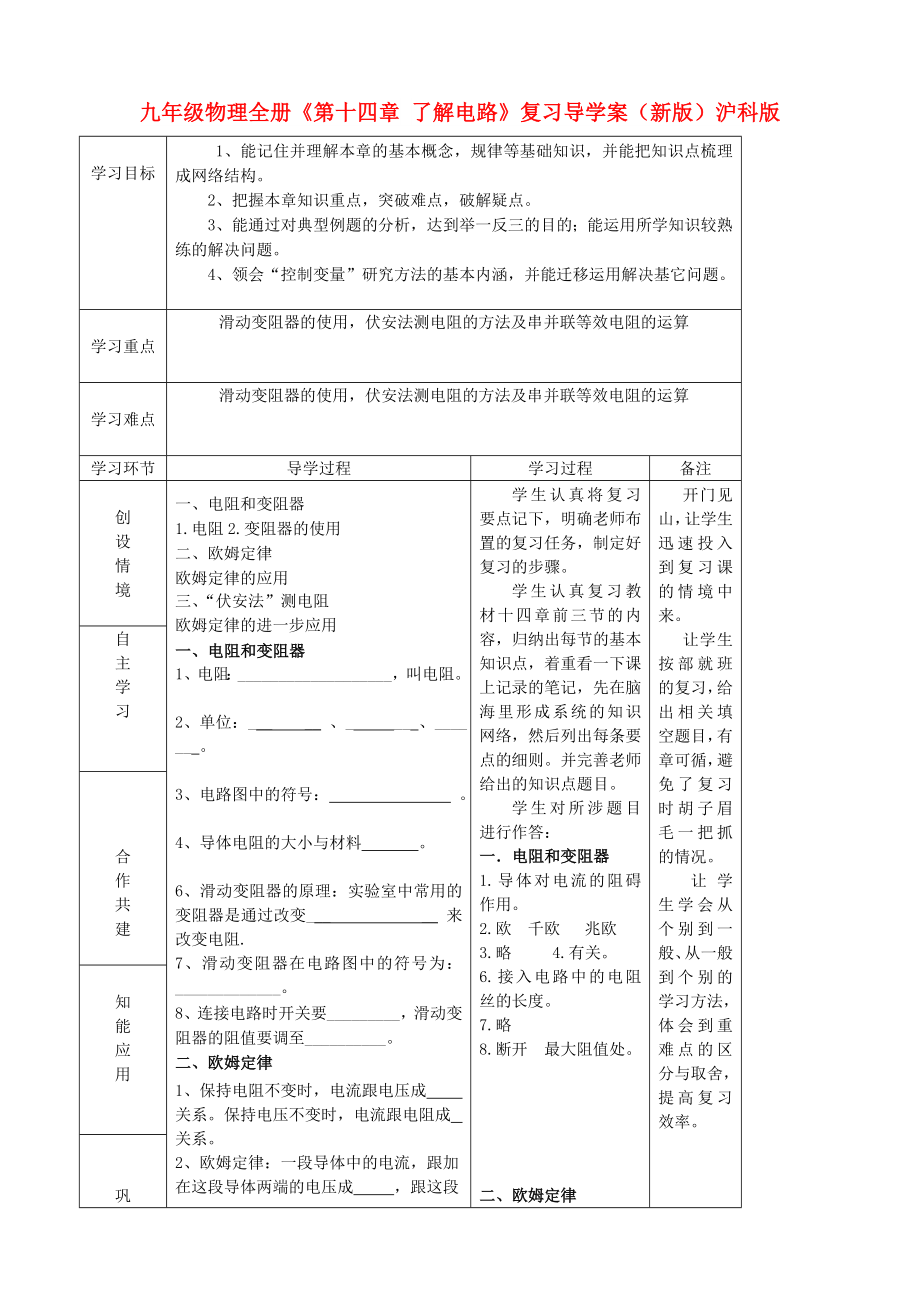 九年級物理全冊《第十四章 了解電路》復習導學案（新版）滬科版_第1頁