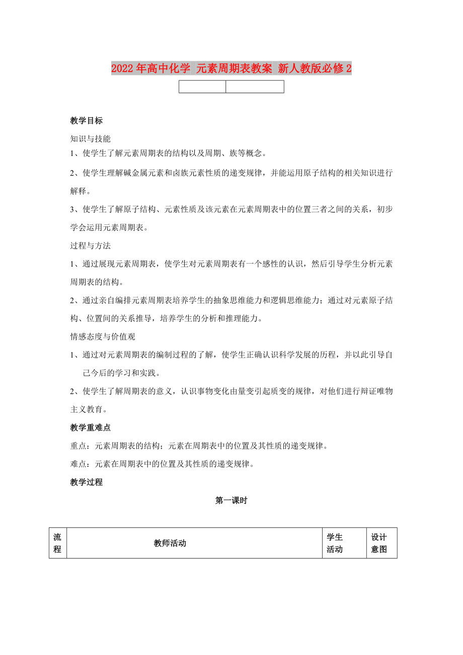 2022年高中化学 元素周期表教案 新人教版必修2_第1页