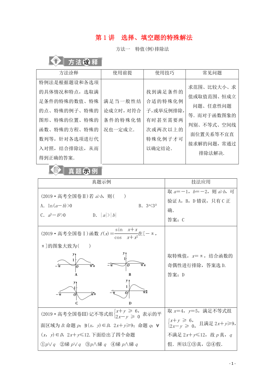 （新課標(biāo)）2020版高考數(shù)學(xué)二輪復(fù)習(xí) 第一部分 基礎(chǔ)考點(diǎn) 自主練透 第1講 選擇、填空題的特殊解法學(xué)案 文 新人教A版_第1頁(yè)