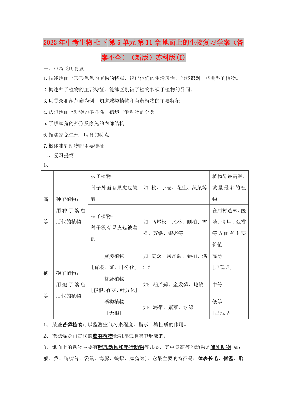 2022年中考生物 七下 第5單元 第11章 地面上的生物復(fù)習(xí)學(xué)案（答案不全）（新版）蘇科版(I)_第1頁(yè)