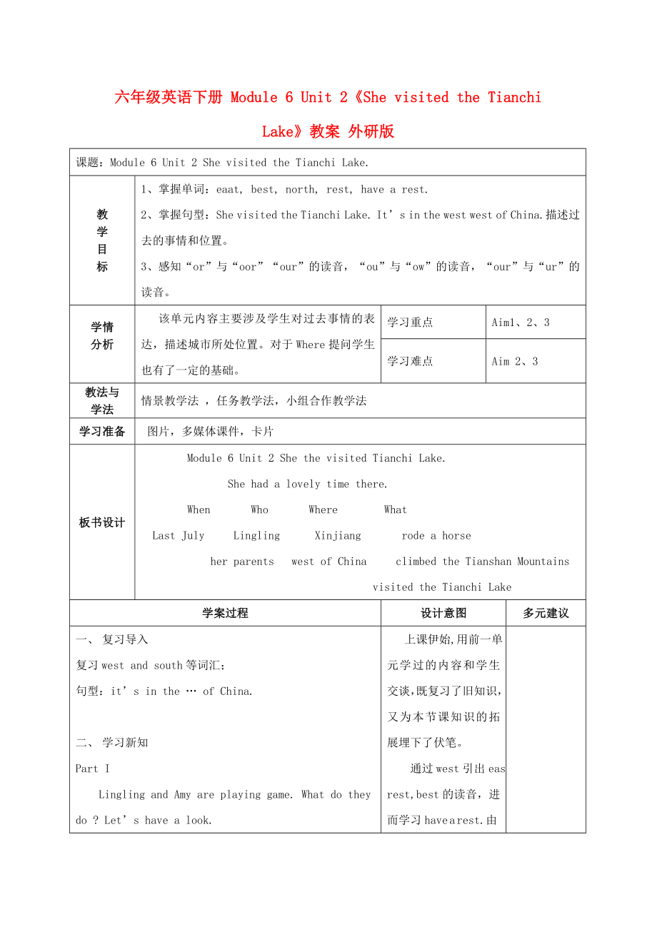 六年級英語下冊 Module 6 Unit 2《She visited the Tianchi Lake》教案 外研版_第1頁