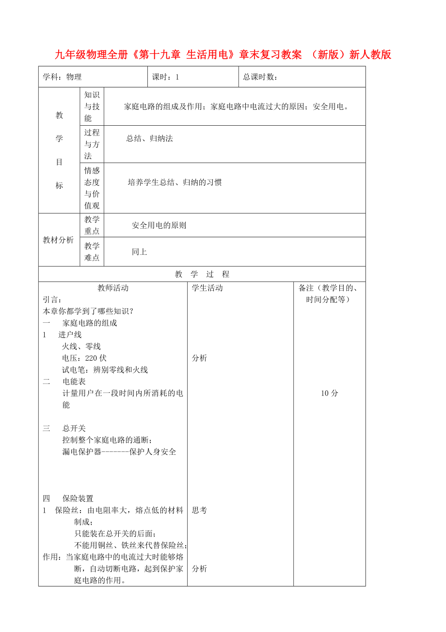 九年級(jí)物理全冊(cè)《第十九章 生活用電》章末復(fù)習(xí)教案 （新版）新人教版_第1頁(yè)