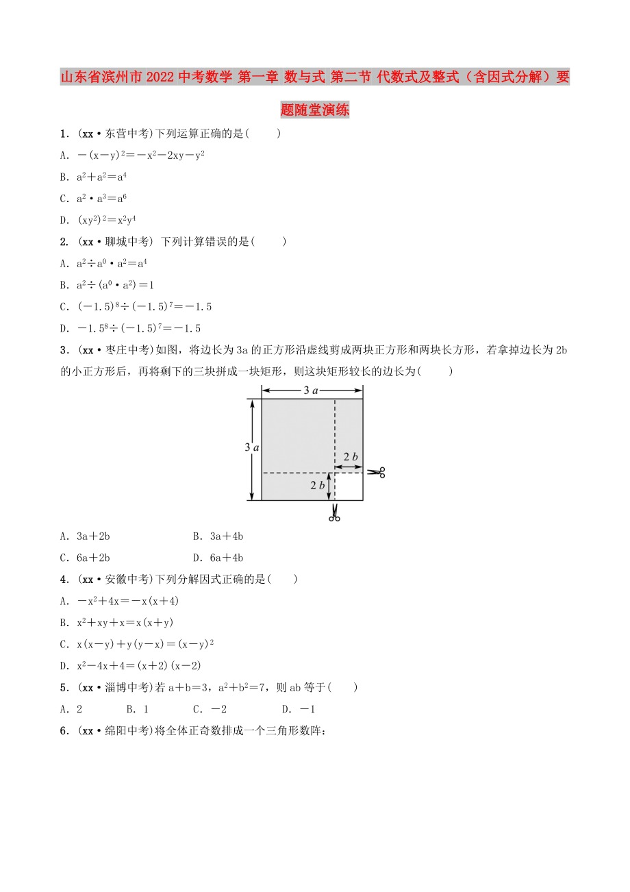 山東省濱州市2022中考數(shù)學(xué) 第一章 數(shù)與式 第二節(jié) 代數(shù)式及整式（含因式分解）要題隨堂演練_第1頁