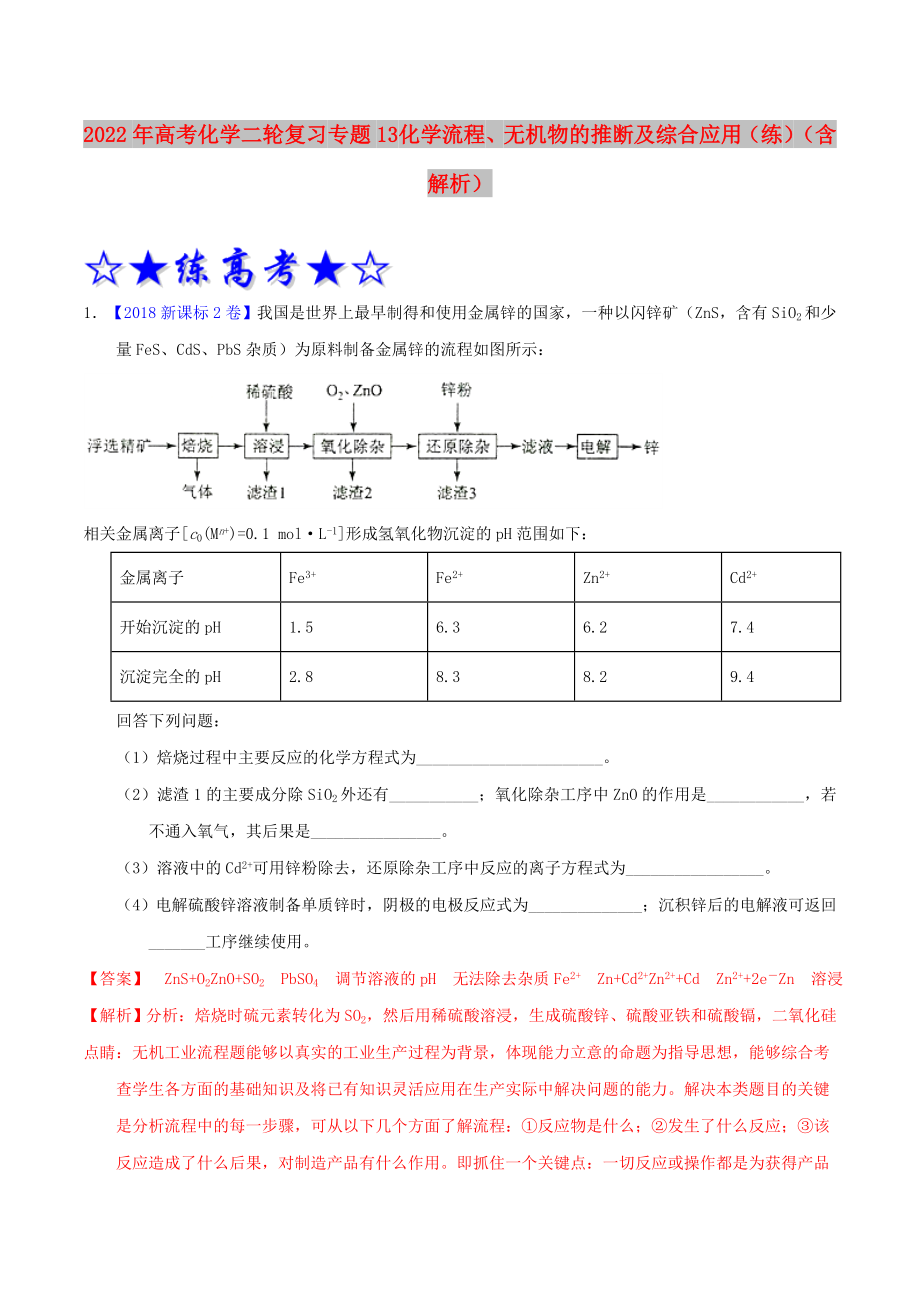 2022年高考化学二轮复习 专题13 化学流程、无机物的推断及综合应用（练）（含解析）_第1页