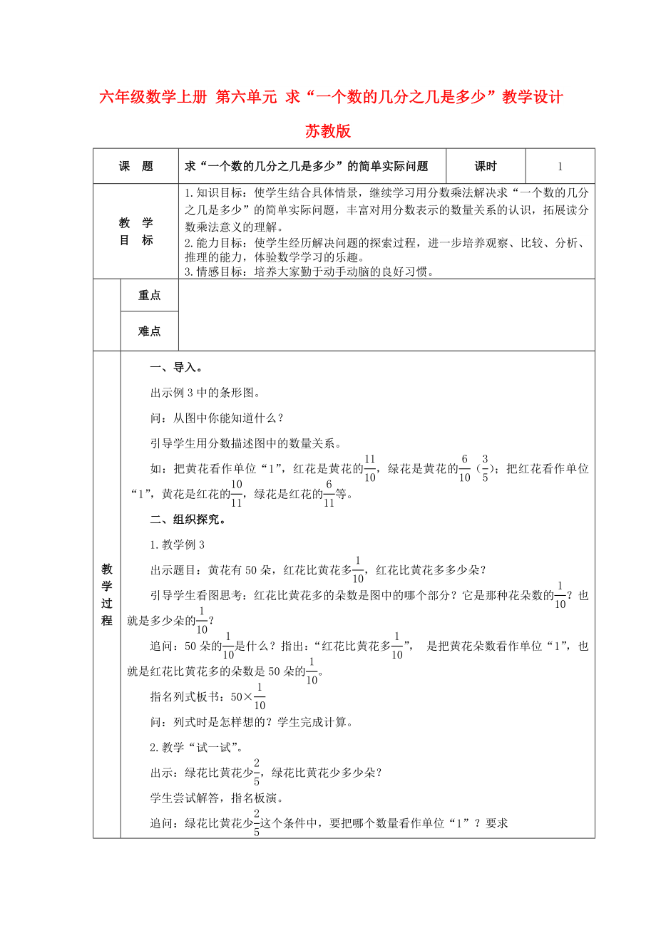 六年級(jí)數(shù)學(xué)上冊(cè) 第六單元 求“一個(gè)數(shù)的幾分之幾是多少”教學(xué)設(shè)計(jì) 蘇教版_第1頁(yè)