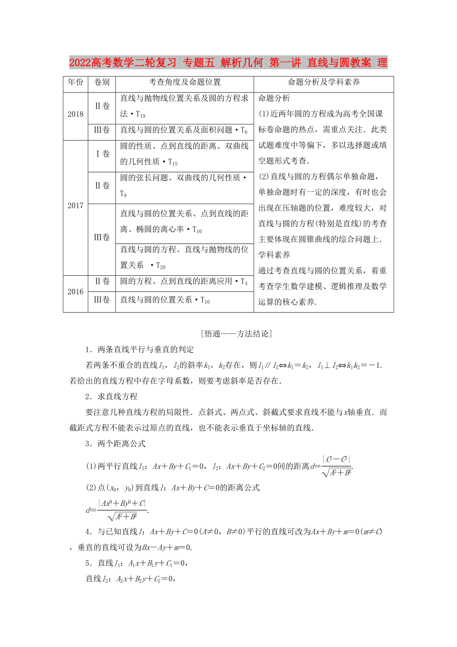 2022高考數(shù)學(xué)二輪復(fù)習(xí) 專(zhuān)題五 解析幾何 第一講 直線(xiàn)與圓教案 理_第1頁(yè)