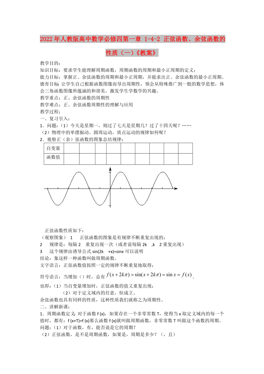 2022年人教版高中數(shù)學(xué)必修四第一章 1-4-2 正弦函數(shù)、余弦函數(shù)的性質(zhì)（一）《教案》_第1頁(yè)