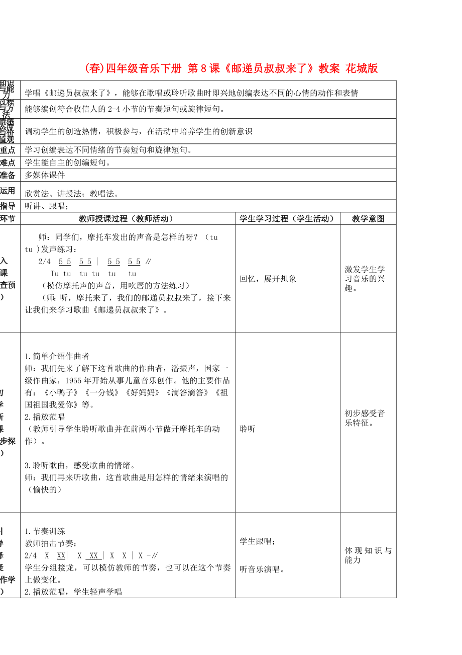 (春)四年級音樂下冊 第8課《郵遞員叔叔來了》教案 花城版_第1頁