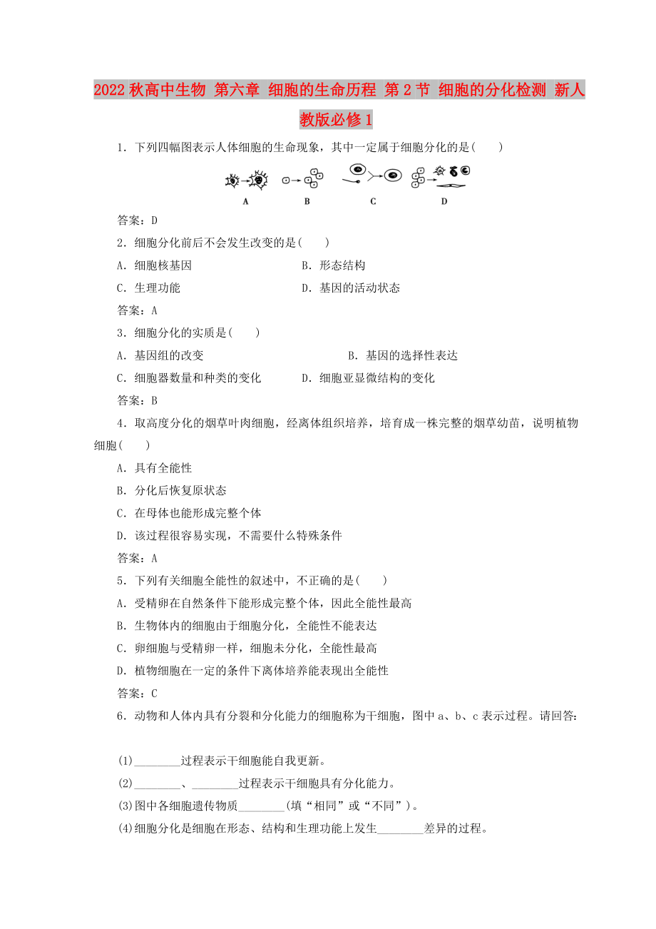 2022秋高中生物 第六章 細(xì)胞的生命歷程 第2節(jié) 細(xì)胞的分化檢測(cè) 新人教版必修1_第1頁(yè)