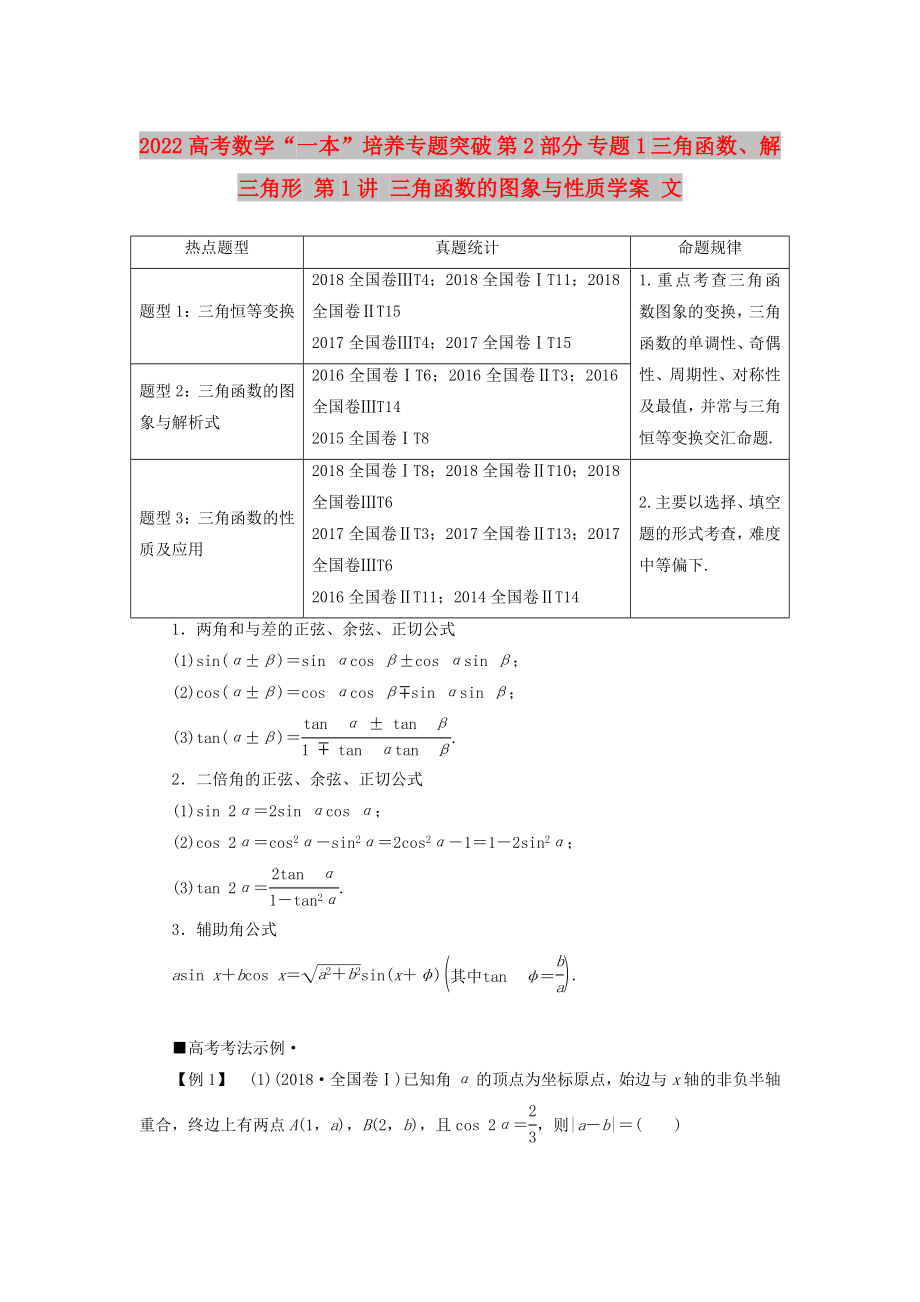 2022高考數(shù)學(xué)“一本”培養(yǎng)專題突破 第2部分 專題1 三角函數(shù)、解三角形 第1講 三角函數(shù)的圖象與性質(zhì)學(xué)案 文_第1頁(yè)