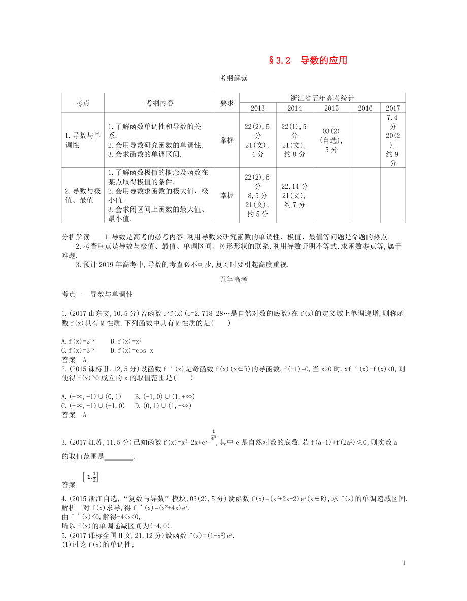 （浙江專版）2019版高考數(shù)學(xué)一輪復(fù)習(xí) 第三章 導(dǎo)數(shù) 3.2 導(dǎo)數(shù)的應(yīng)用學(xué)案_第1頁