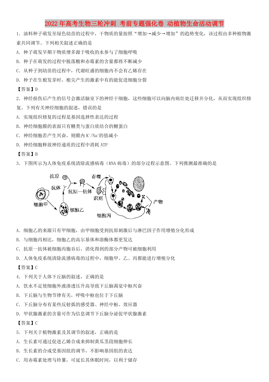 2022年高考生物三輪沖刺 考前專題強(qiáng)化卷 動植物生命活動調(diào)節(jié)_第1頁