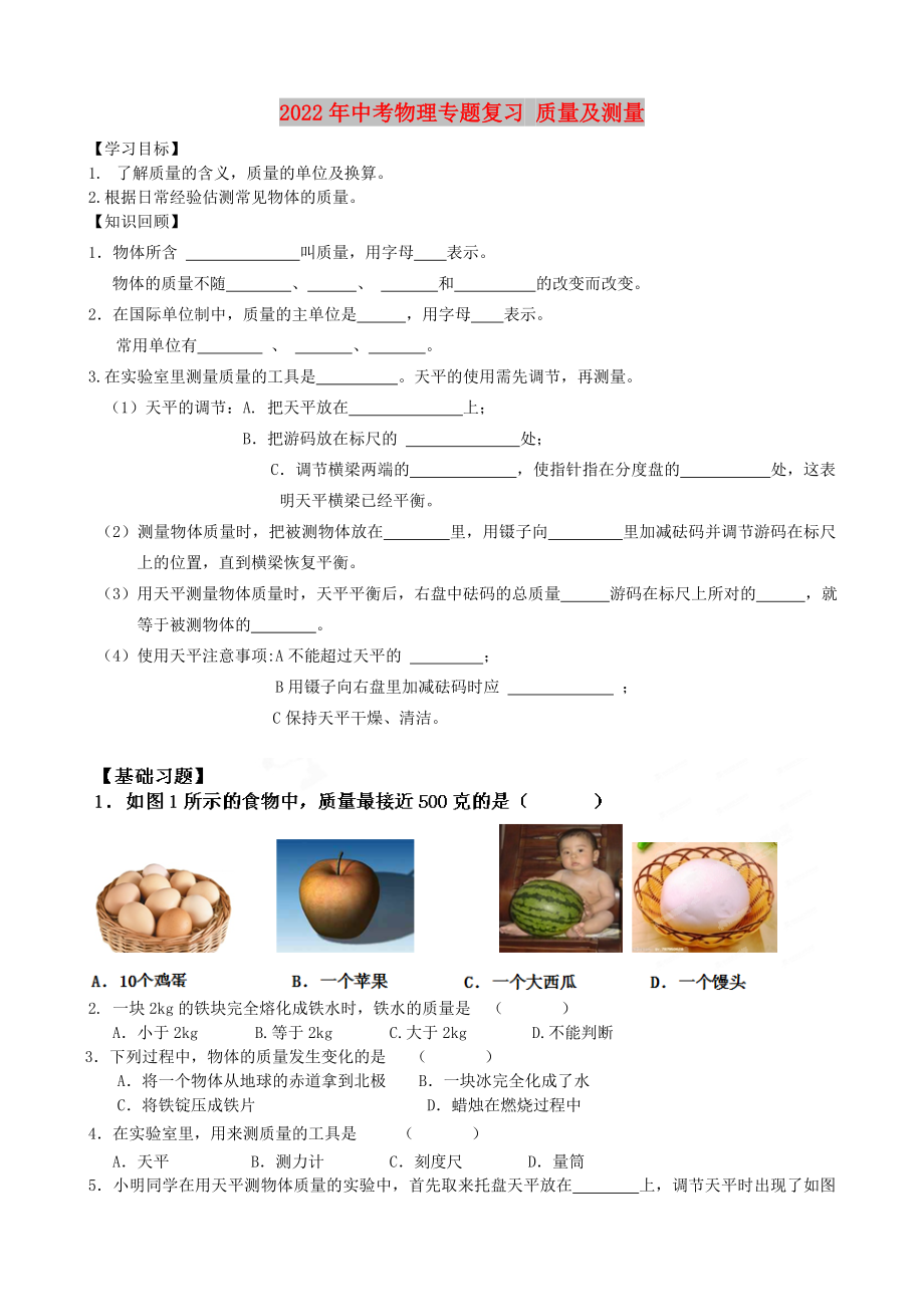 2022年中考物理專題復(fù)習(xí) 質(zhì)量及測量_第1頁