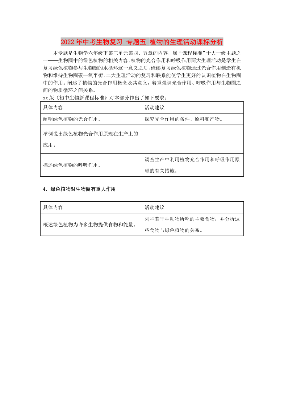 2022年中考生物复习 专题五 植物的生理活动课标分析_第1页