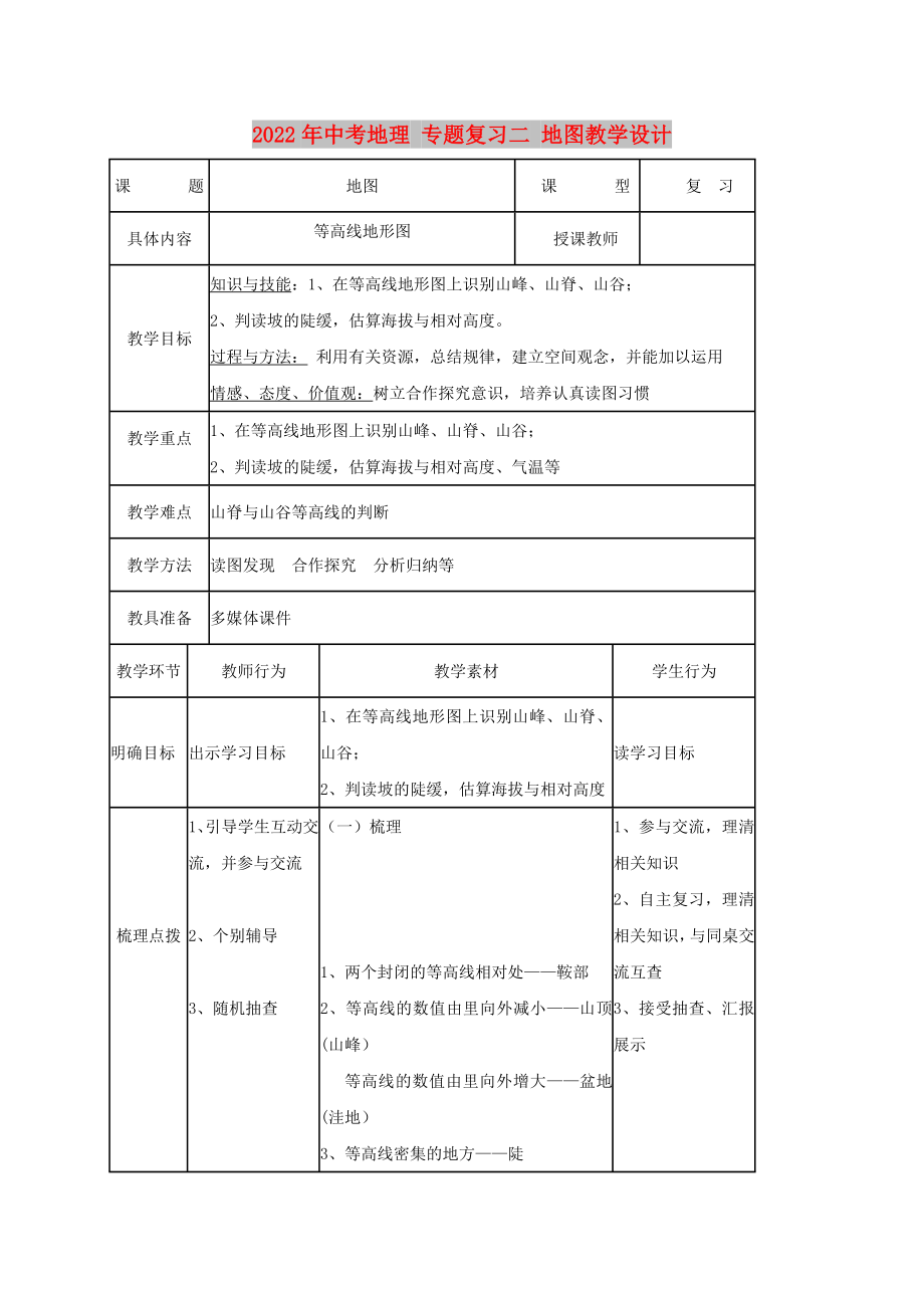 2022年中考地理 專題復(fù)習(xí)二 地圖教學(xué)設(shè)計_第1頁