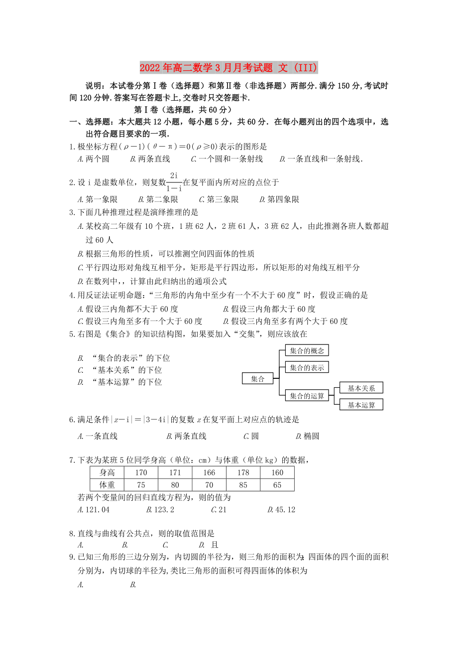 2022年高二數(shù)學(xué)3月月考試題 文 (III)_第1頁