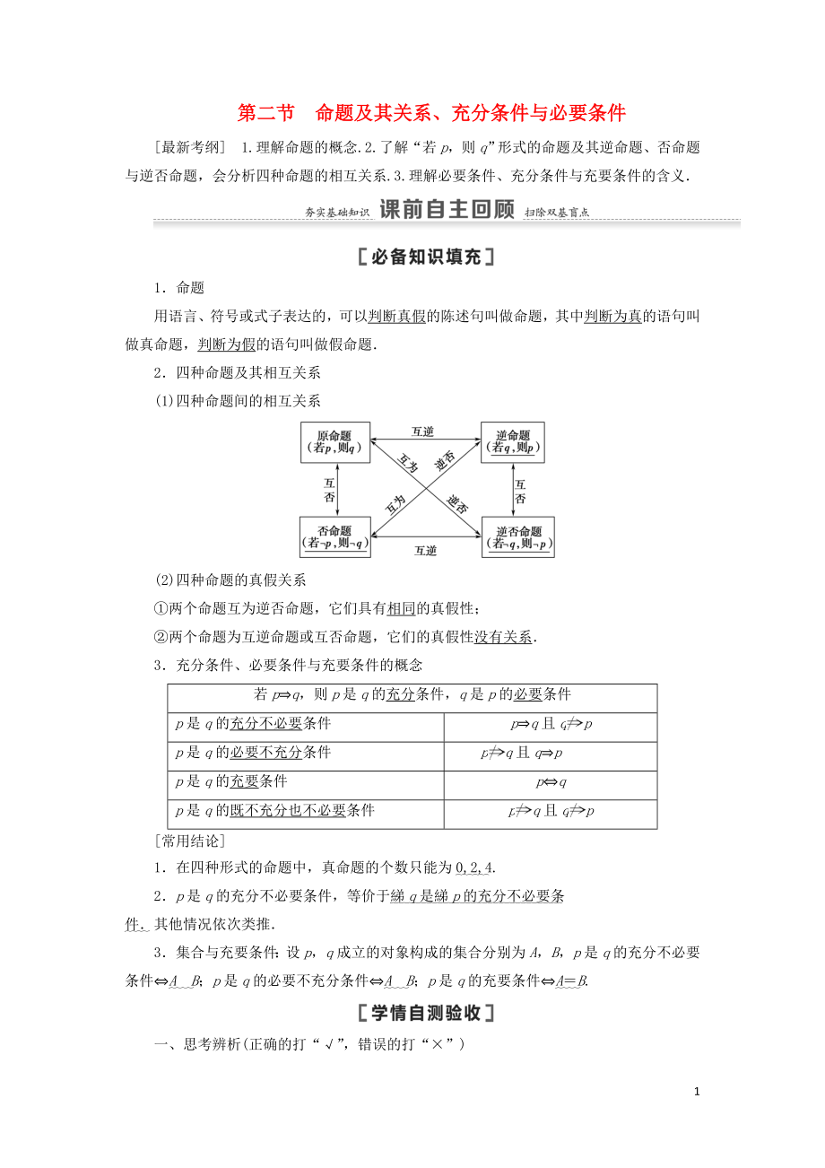 2021高考數(shù)學(xué)一輪復(fù)習(xí) 第1章 集合與常用邏輯用語(yǔ) 第2節(jié) 命題及其關(guān)系、充分條件與必要條件教學(xué)案 理 北師大版_第1頁(yè)