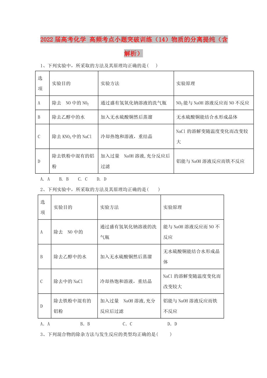 2022屆高考化學(xué) 高頻考點(diǎn)小題突破訓(xùn)練（14）物質(zhì)的分離提純（含解析）_第1頁