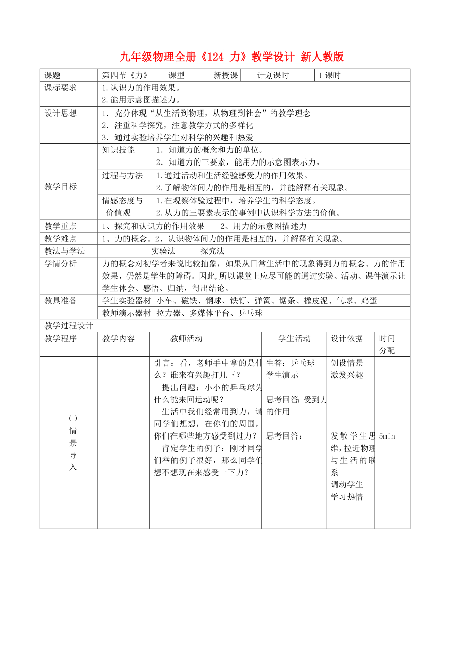 九年級(jí)物理全冊(cè)《124 力》教學(xué)設(shè)計(jì) 新人教版_第1頁(yè)