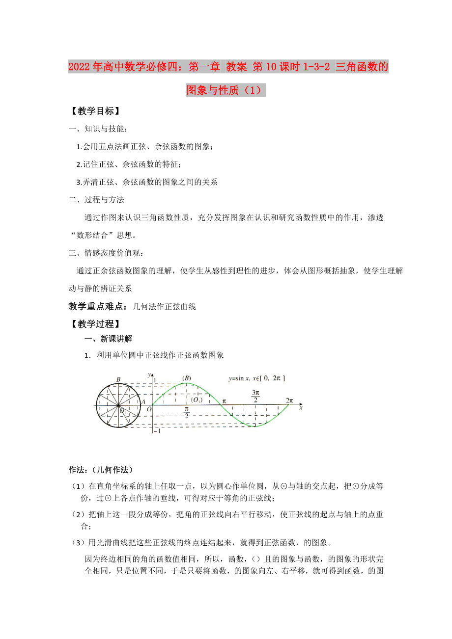 2022年高中數(shù)學(xué)必修四：第一章 教案 第10課時1-3-2 三角函數(shù)的圖象與性質(zhì)（1）_第1頁