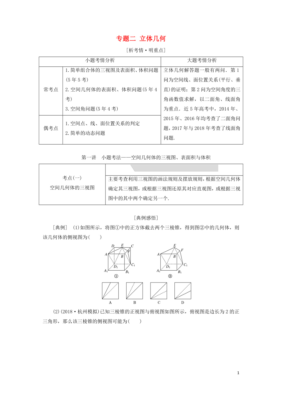 （浙江專用）2019高考數(shù)學(xué)二輪復(fù)習(xí) 專題二 立體幾何學(xué)案_第1頁