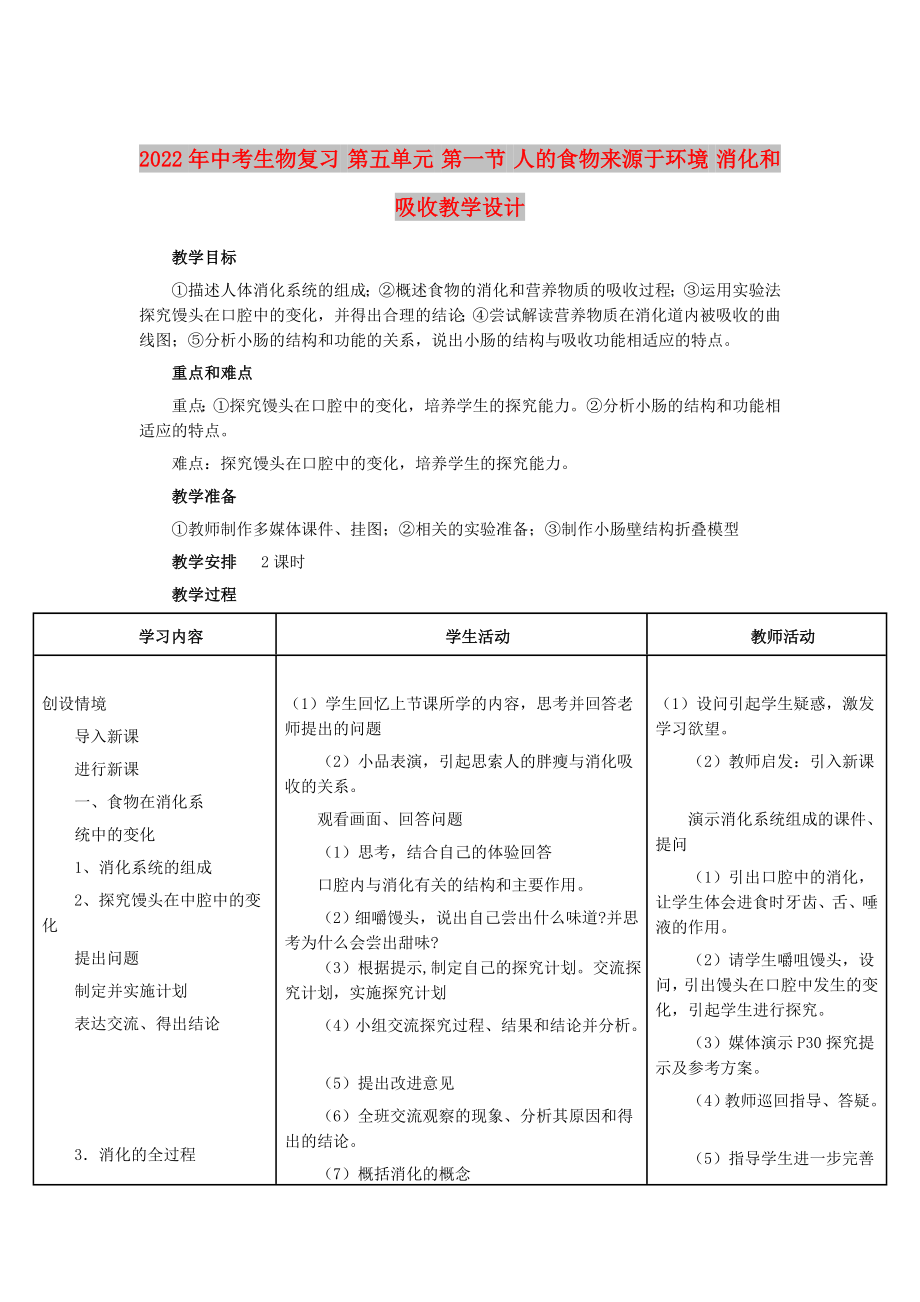 2022年中考生物復(fù)習(xí) 第五單元 第一節(jié) 人的食物來源于環(huán)境 消化和吸收教學(xué)設(shè)計_第1頁