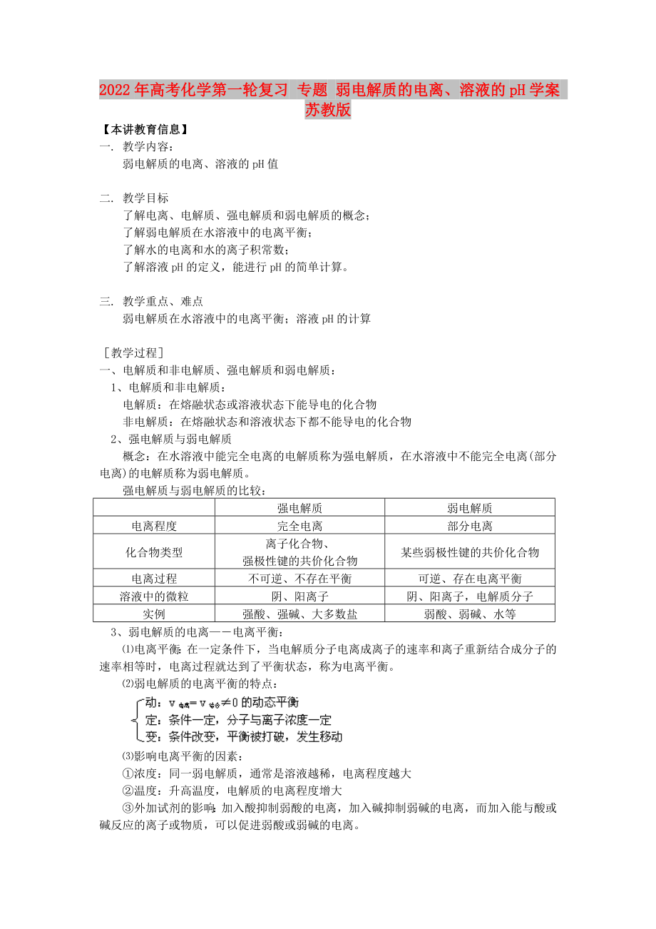 2022年高考化學第一輪復習 專題 弱電解質(zhì)的電離、溶液的pH學案 蘇教版_第1頁