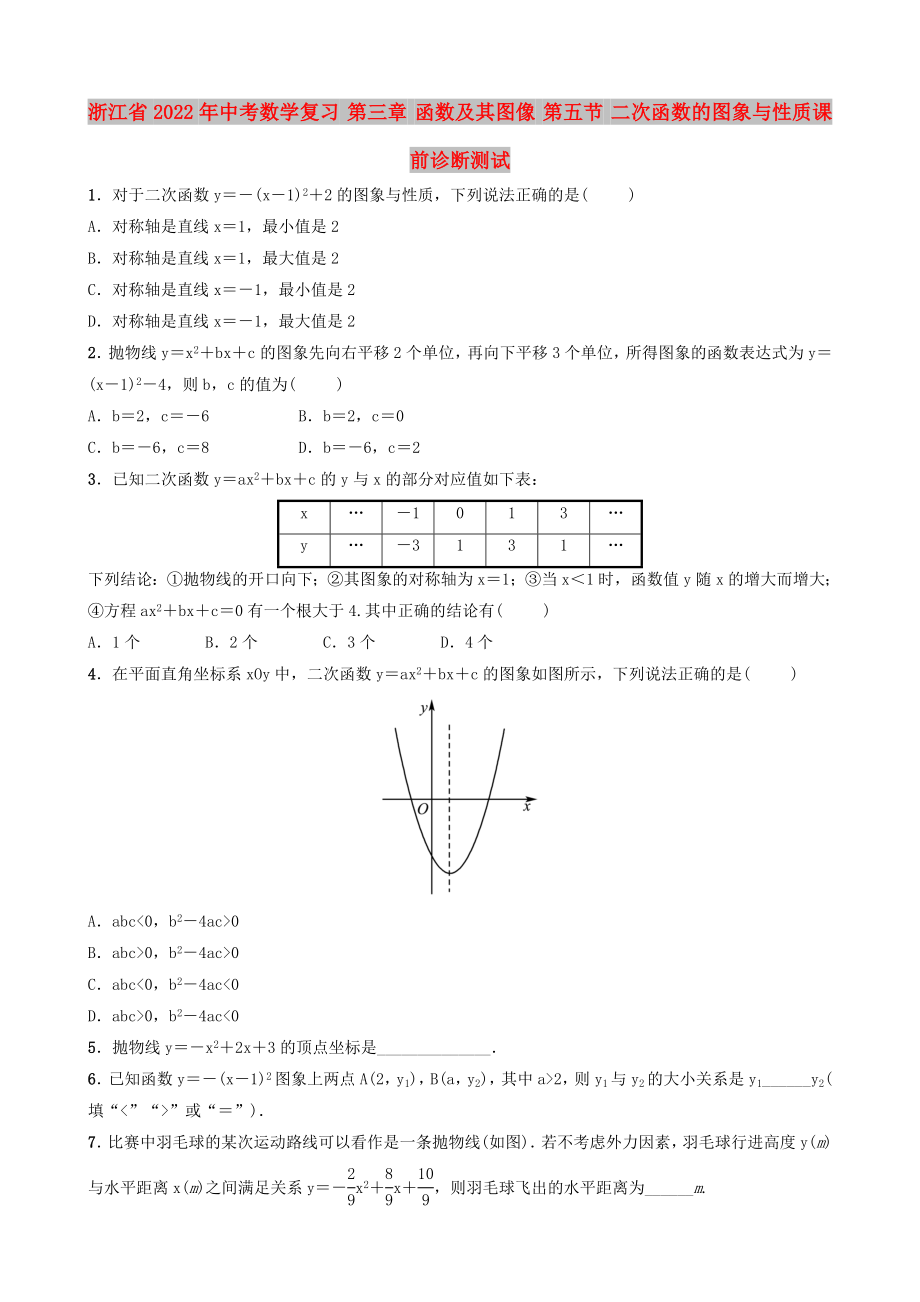 浙江省2022年中考數(shù)學(xué)復(fù)習(xí) 第三章 函數(shù)及其圖像 第五節(jié) 二次函數(shù)的圖象與性質(zhì)課前診斷測(cè)試_第1頁(yè)