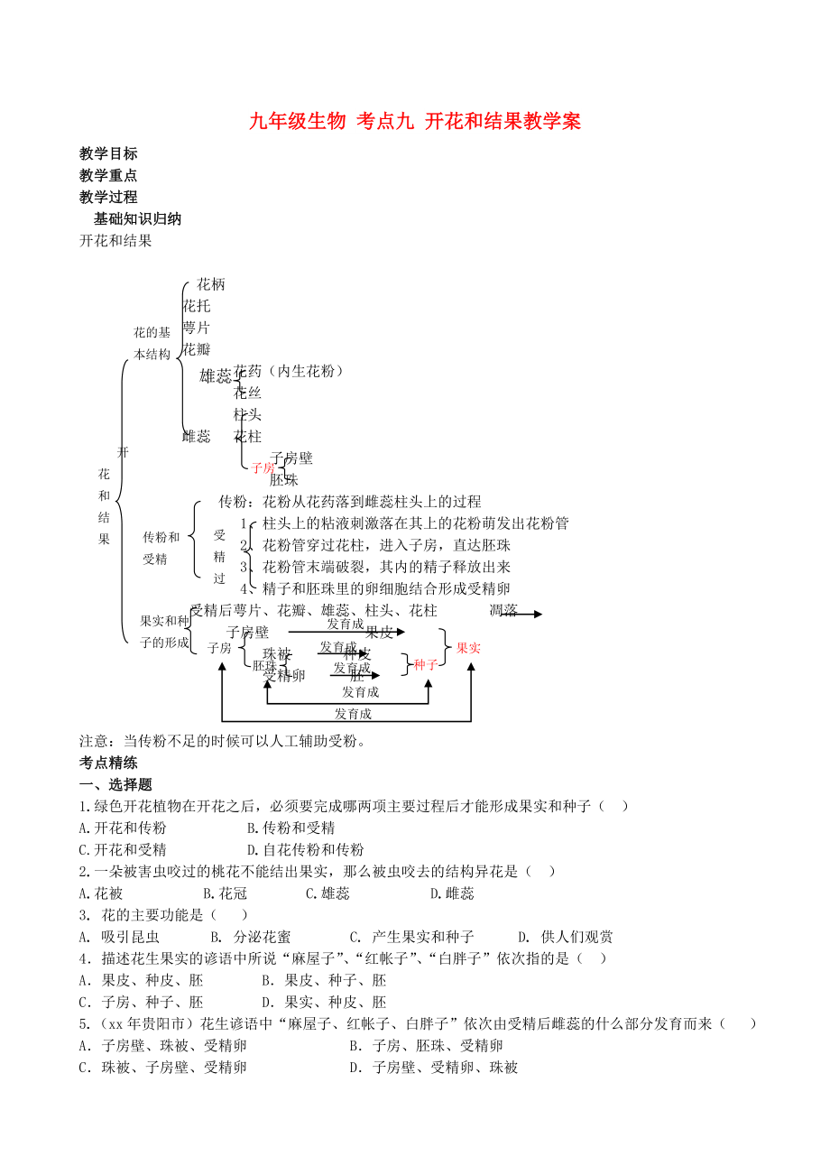 九年級(jí)生物 考點(diǎn)九 開花和結(jié)果教學(xué)案_第1頁(yè)