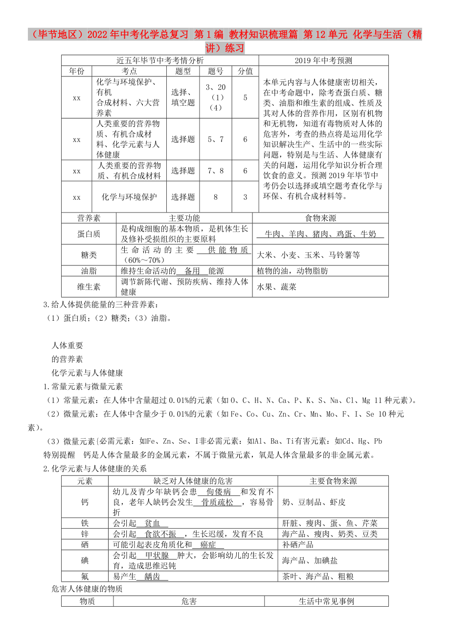 （畢節(jié)地區(qū)）2022年中考化學總復習 第1編 教材知識梳理篇 第12單元 化學與生活（精講）練習_第1頁