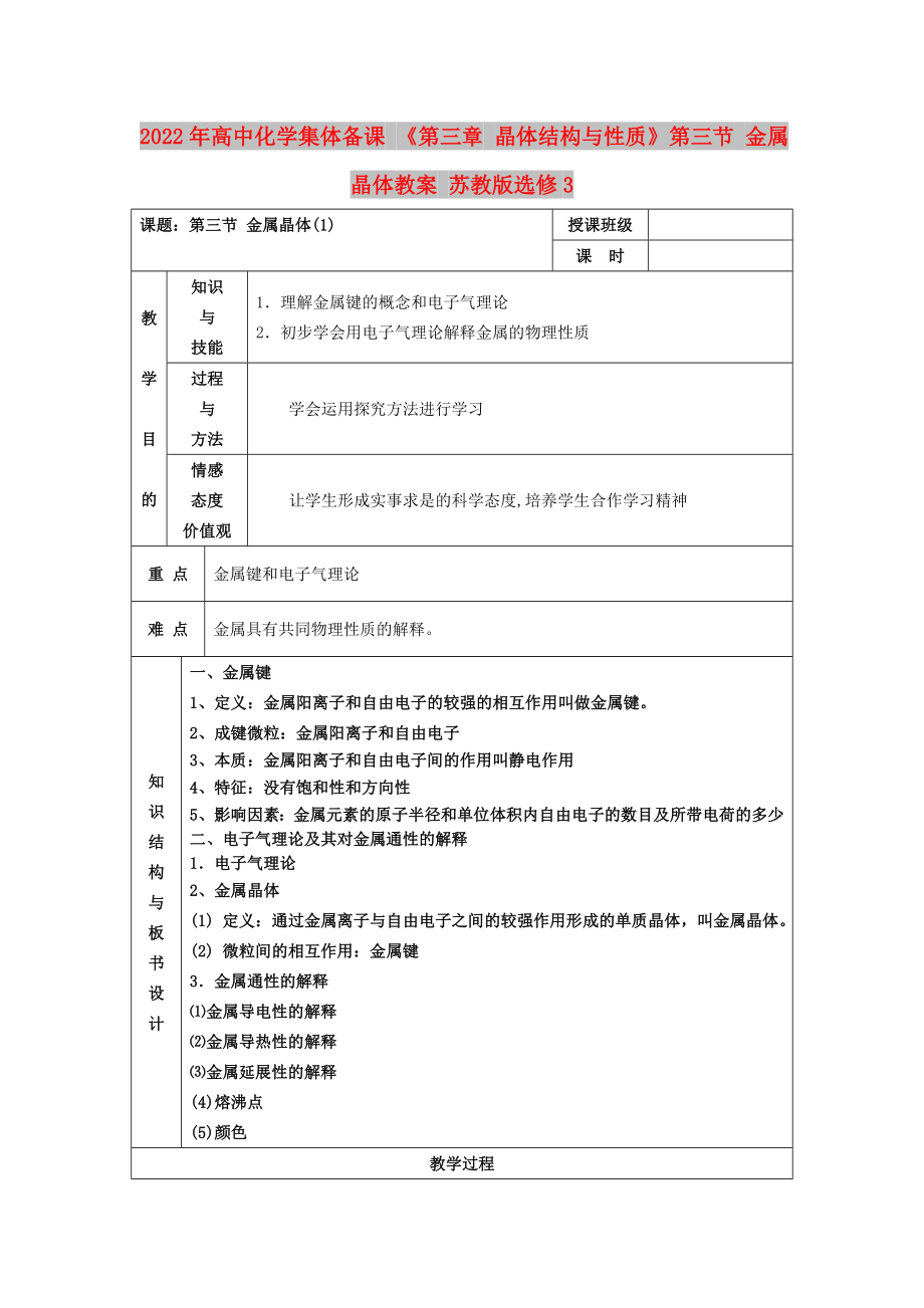 2022年高中化學(xué)集體備課 《第三章 晶體結(jié)構(gòu)與性質(zhì)》第三節(jié) 金屬晶體教案 蘇教版選修3_第1頁