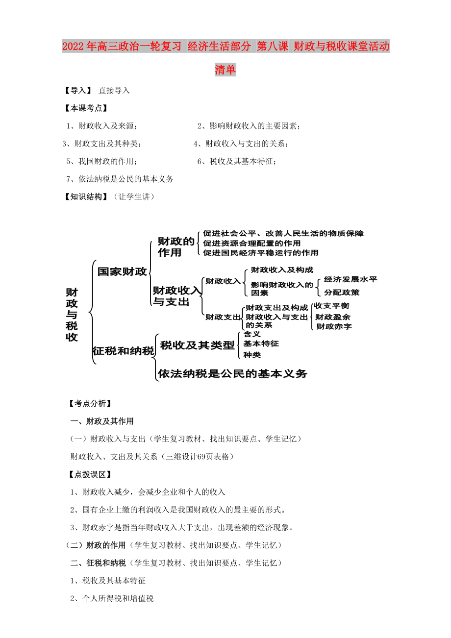 2022年高三政治一輪復(fù)習(xí) 經(jīng)濟生活部分 第八課 財政與稅收課堂活動清單_第1頁